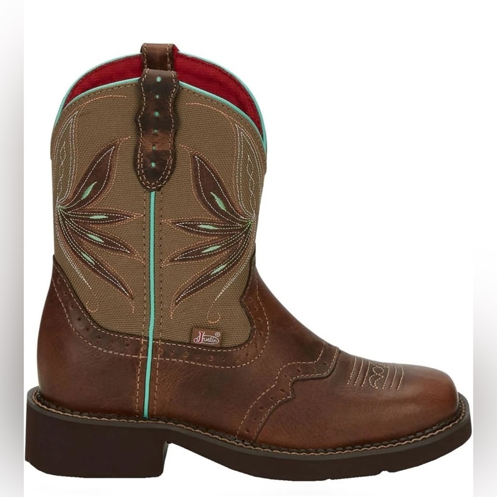 JUSTIN Nettie Square Toe Western Cowboy Boots Brown Teal Women's Size‎ 7.5